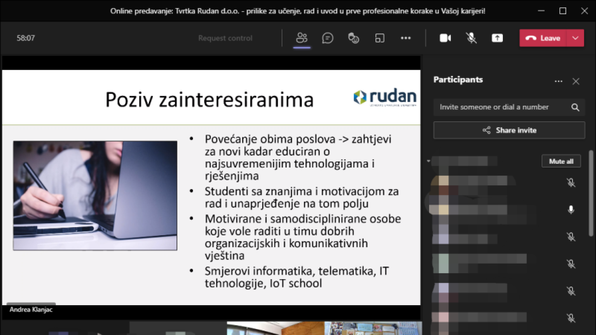 Održano predstavljanje tvrtke Rudan d.o.o. na online predavanju: “Tvrtka Rudan d.o.o. - prilike za učenje, rad i uvod u prve profesionalne korake u Vašoj karijeri!”