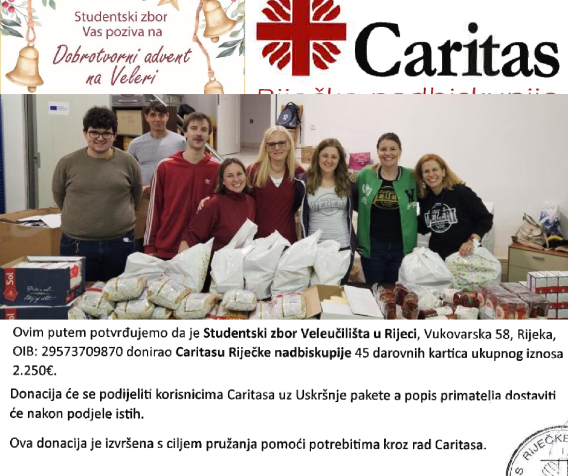Studentski zbor Veleučilišta u Rijeci donirao 45 darovnih kartica Caritasu Riječke nadbiskupije